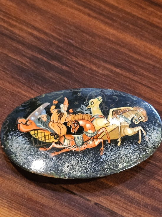 Jewelry - *Vintage Hand-Painted Russian Lacquer Miniature Brooch / Folk Art Equestrian Pin